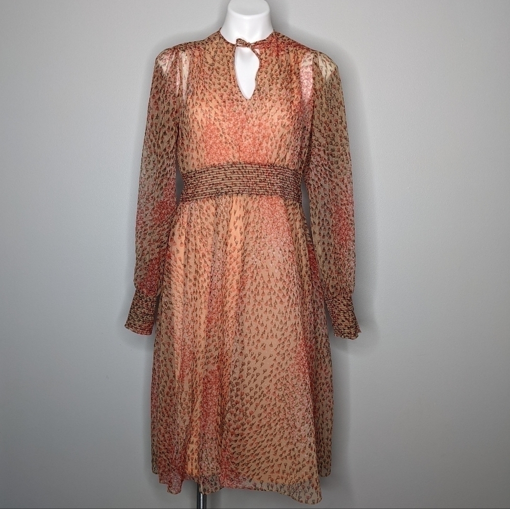 Vintage Liz Roberts peach floral tie neck dress 8